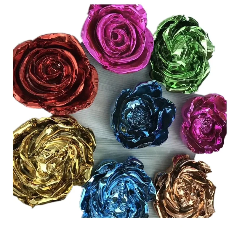 Customized Plated Flower Sculptures Electroplating Fiberglass Colorful Bloom Chrome Sculpture