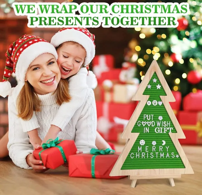 Christmas Tree Felt Letter Board Wood Frame Letterboard Wooden Felt Message Board for Christmas Decor