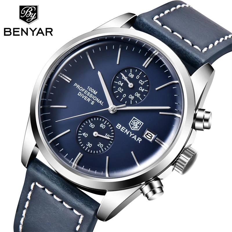 BENYAR 5187M модные кожаные кварцевые часы в стиле милитари спортивные Многофункциональный синхронизации код
