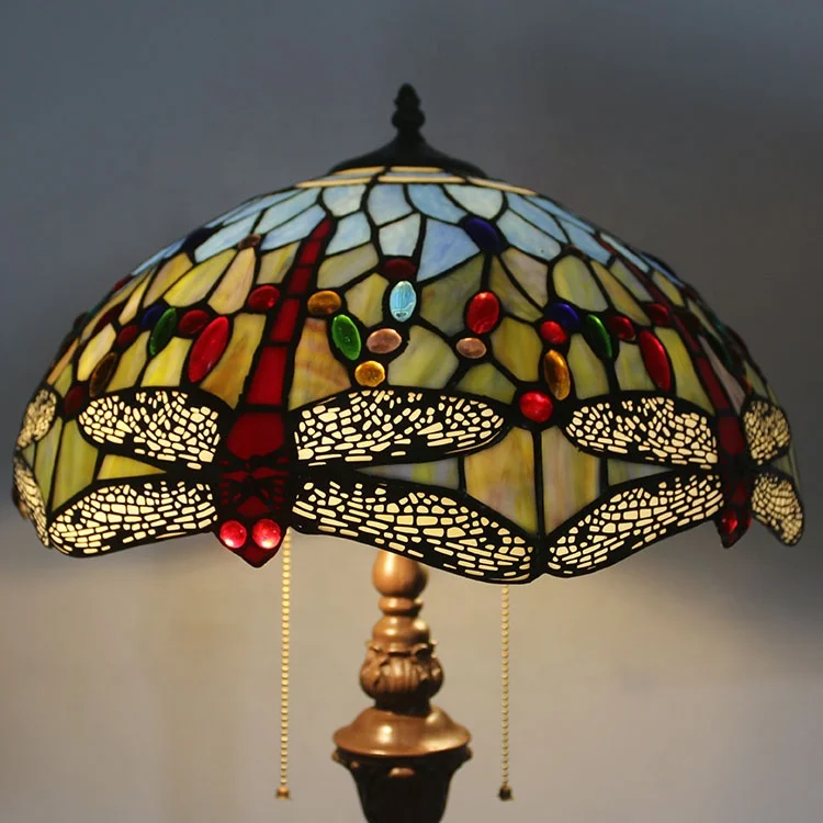 LongHuiJing 16Inch Antique Tiffany Floor Lamp Dragonfly Vintage Standing lights Stained Glass Lamp Shades Lamps