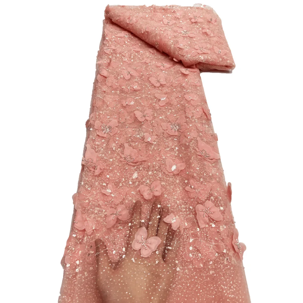 Wholesale hot sale style butterfly elegant beaded lace fabric embroidery laser luxury tulle net sequin fabrics for wedding dress