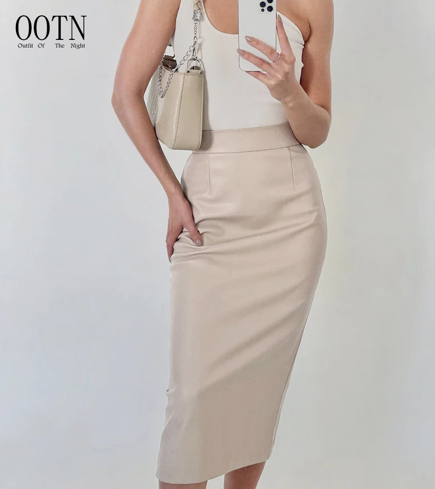 OOTN Zip 2021 Elegant Autumn Winter Female Midi Skirt Office Ladies Womens PU High Waist Bodycon Skirts Split Long Skirts