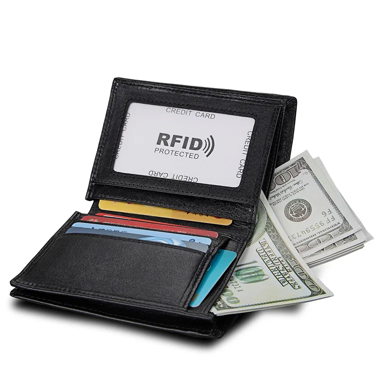 Fine genuine leather RFID blocking money clip slim bifold pocket minimalist wallet for men