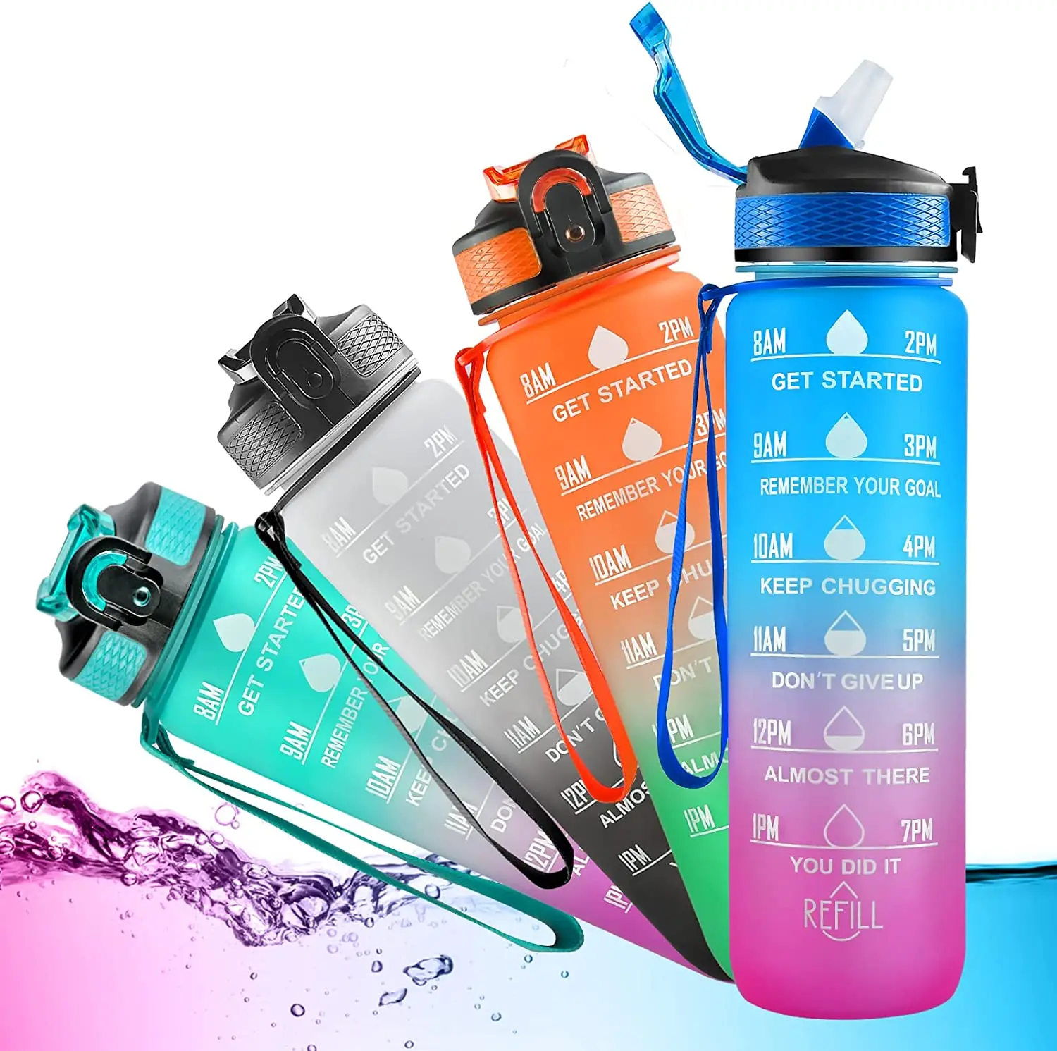Top seller 32oz 1000ml BPA free tritan motivational gym plastic water bottles with straw and time marker
