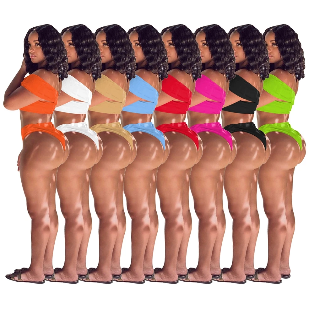 MISSQ W8288 Bikini Sets 2022 Solid Color Summer Hollow Out Single Shoulder Bikini & Beach Wear Elegant Sexy High Waist Swim Wear