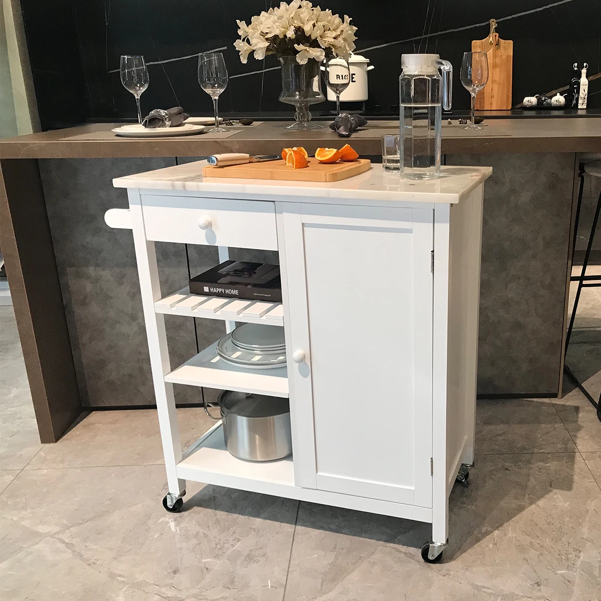 White 4-layer kitchen storage trolley dining trolley marble table top with drawer stand