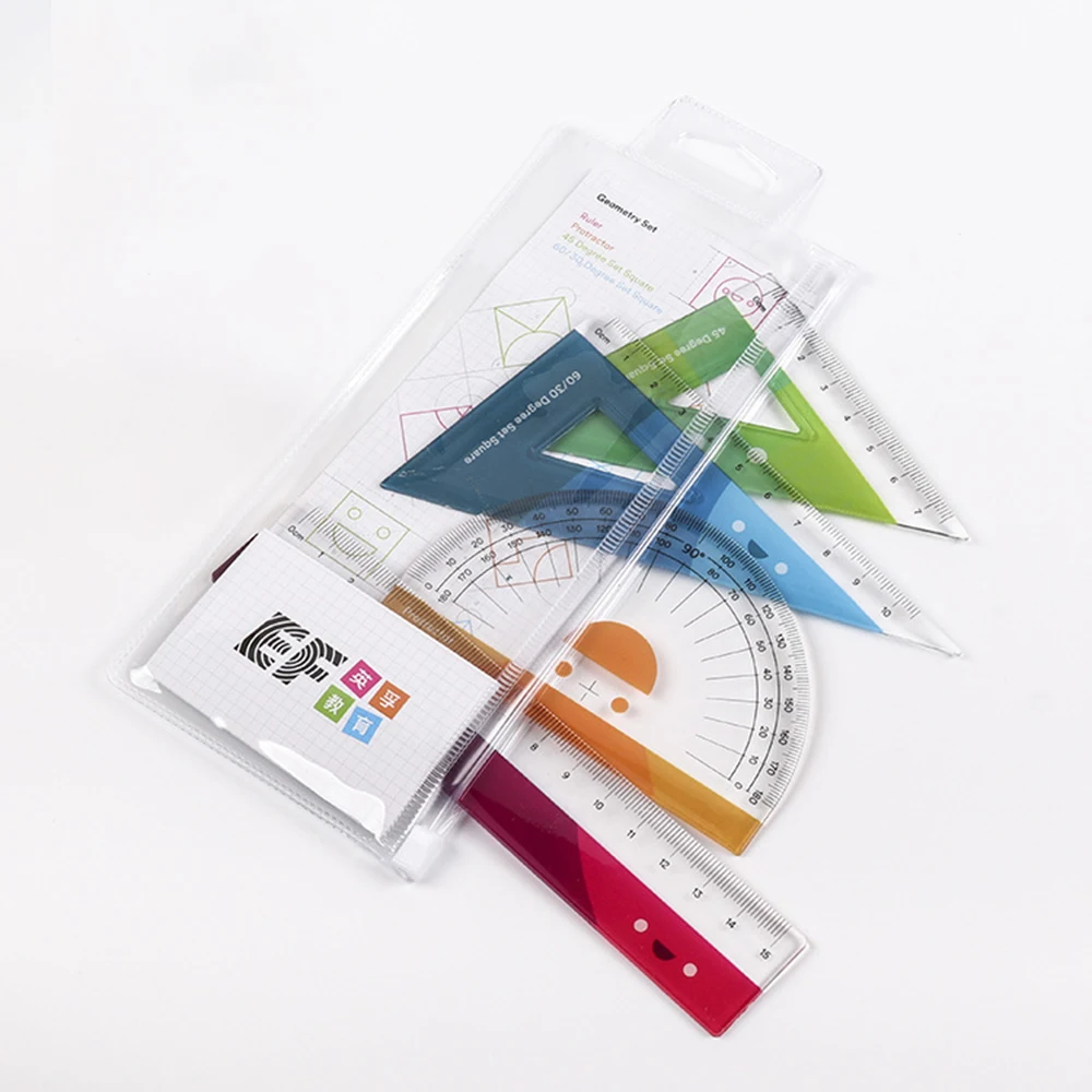 School Stationery Supplies 15cm Compass Math Ruler Logo Custom Kids 4pcs Soft Clear Plastic Ruler Set