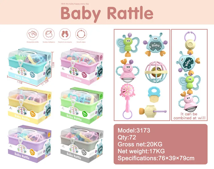 7 pcs set baby rattle packed by storage box 6 colors mixed for kids play set toys for boys and girls