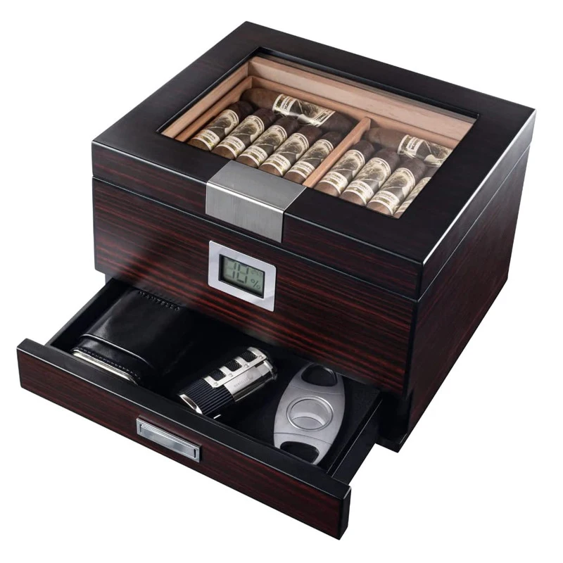 Humidor Cigar Box with Drawer for Cigar Accessories - Cigar Humidor with Digital Hygrometer- Gifts for Men- Spanish Cedar Lined
