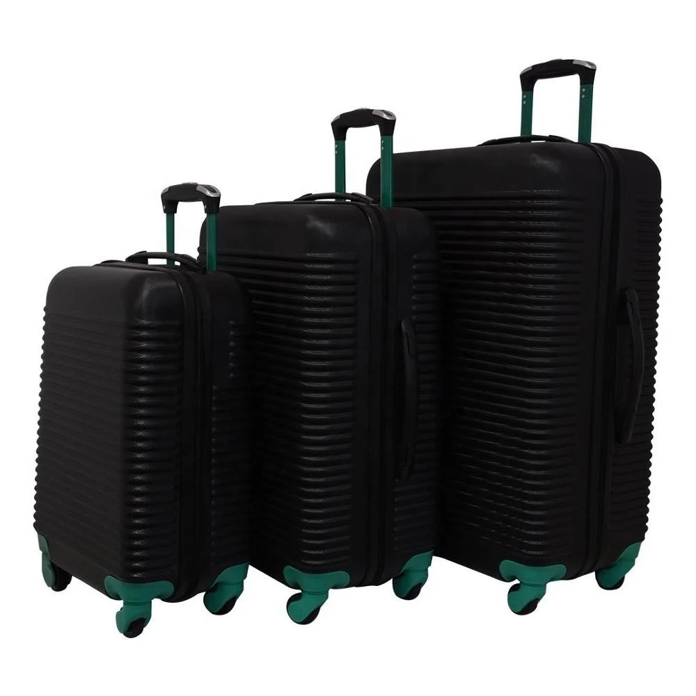 OEM hardside abs 3pcs travelling trolley luggage suitcase bag set 360 degree spinner 4 wheels 20 24 28 inch black solid color