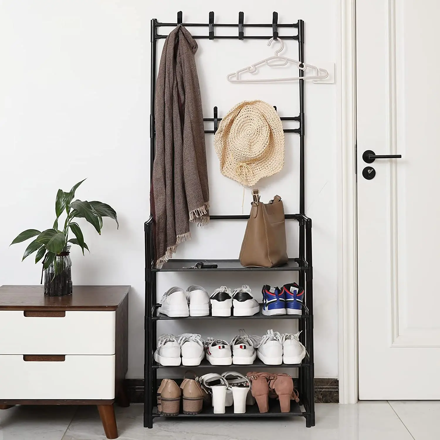 Entryway Coat Rack Hall Tree Shoe Bench 3 in 1 Design Metal Storage Rack with Bag Coat Hat Umbrella Shoe Rack