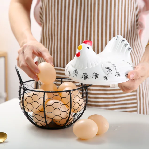 Egg Holder Iron Chicken Shape Ceramic Hen Ornament Fruit Storage Basket Durable Egg Storage Basket