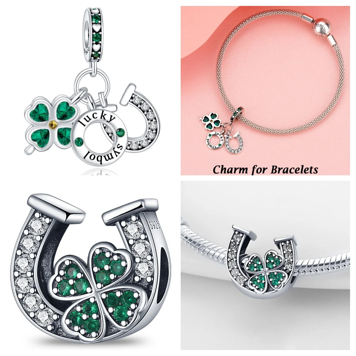 Fashion Real 925 Silver Zircon Charms Horseshoe Pendant Four Leaf Clover Lucky Charm Beads for Necklace Bracelet Making Jewelry