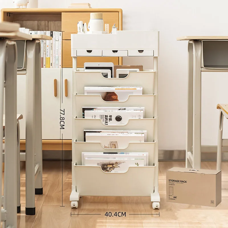 Plastic Movable Storage Rack Bookshelf Stationery Organizer with Wheels for Students
