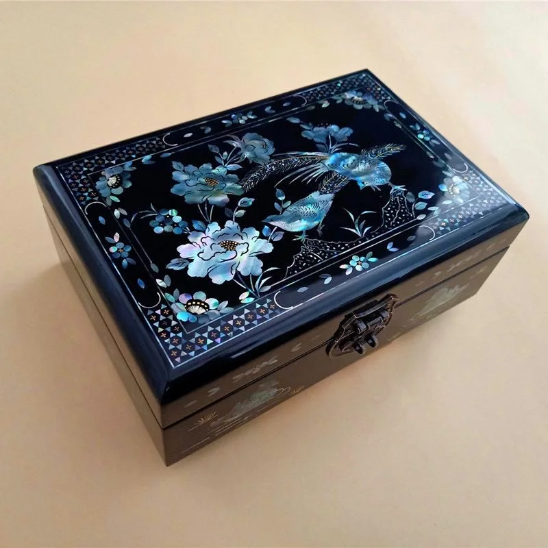 Colorful mother-of-pearl jewelry box Wooden shell inlaid mandarin duck swimming wedding gift box