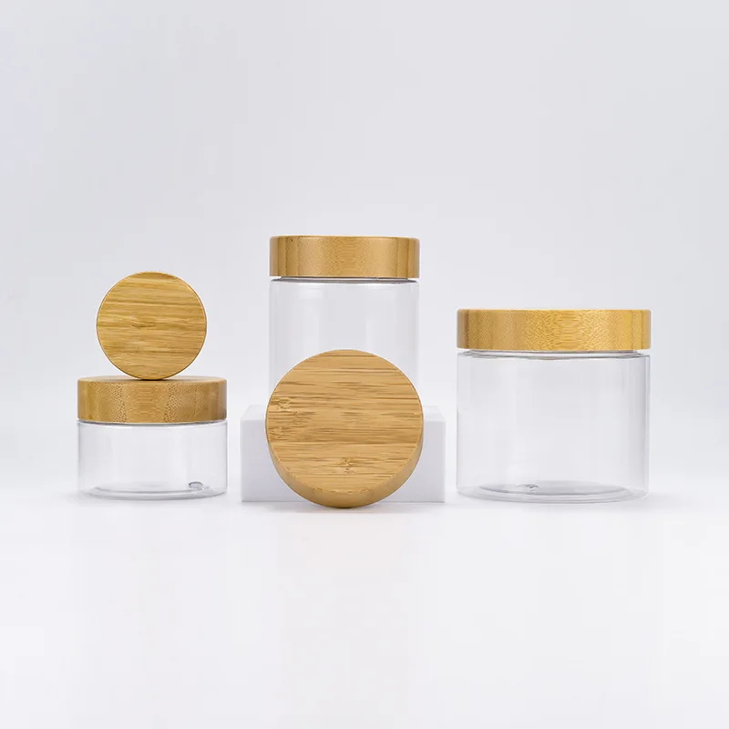 50g 150g 250g 500g PET clear body butter cream jar with bamboo lid cosmetic plastic body scrub containers makeup hair mask jars