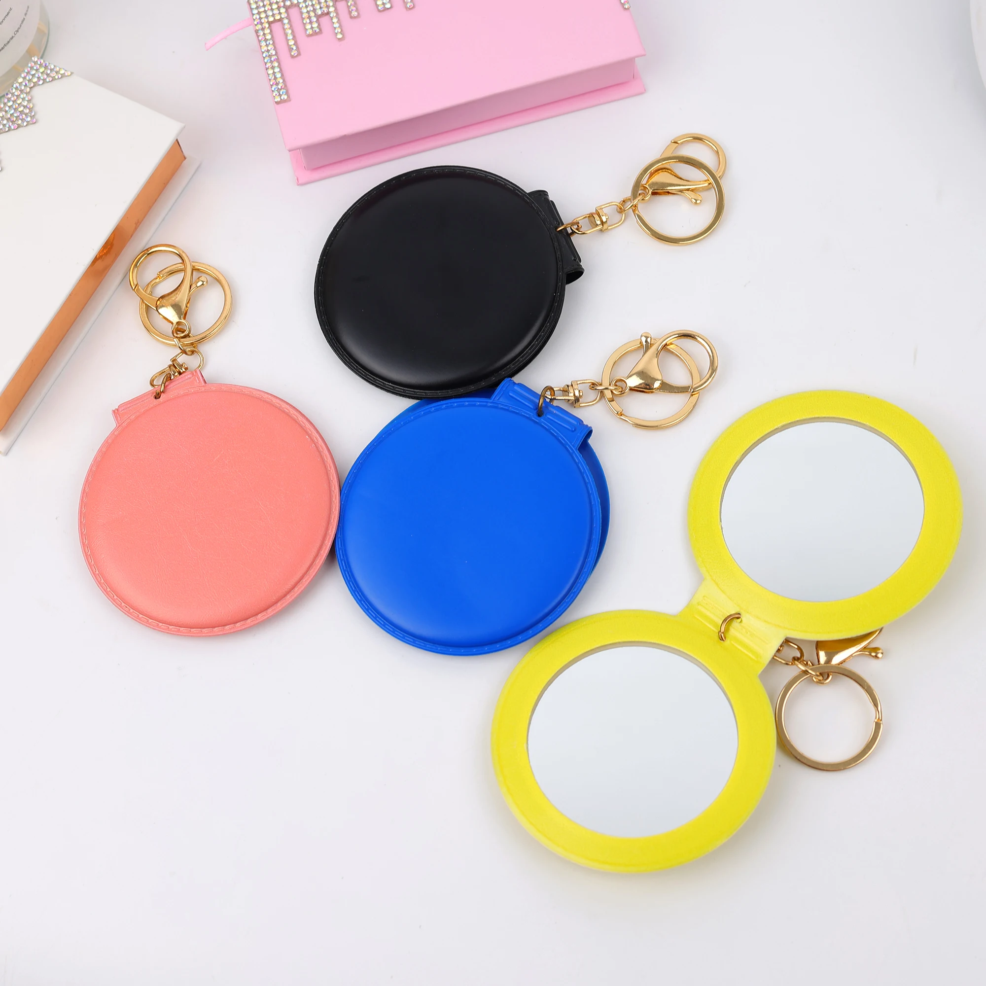 Custom PU leather mirror key chains metal ring promotional key chain makeup mirror metal keychains