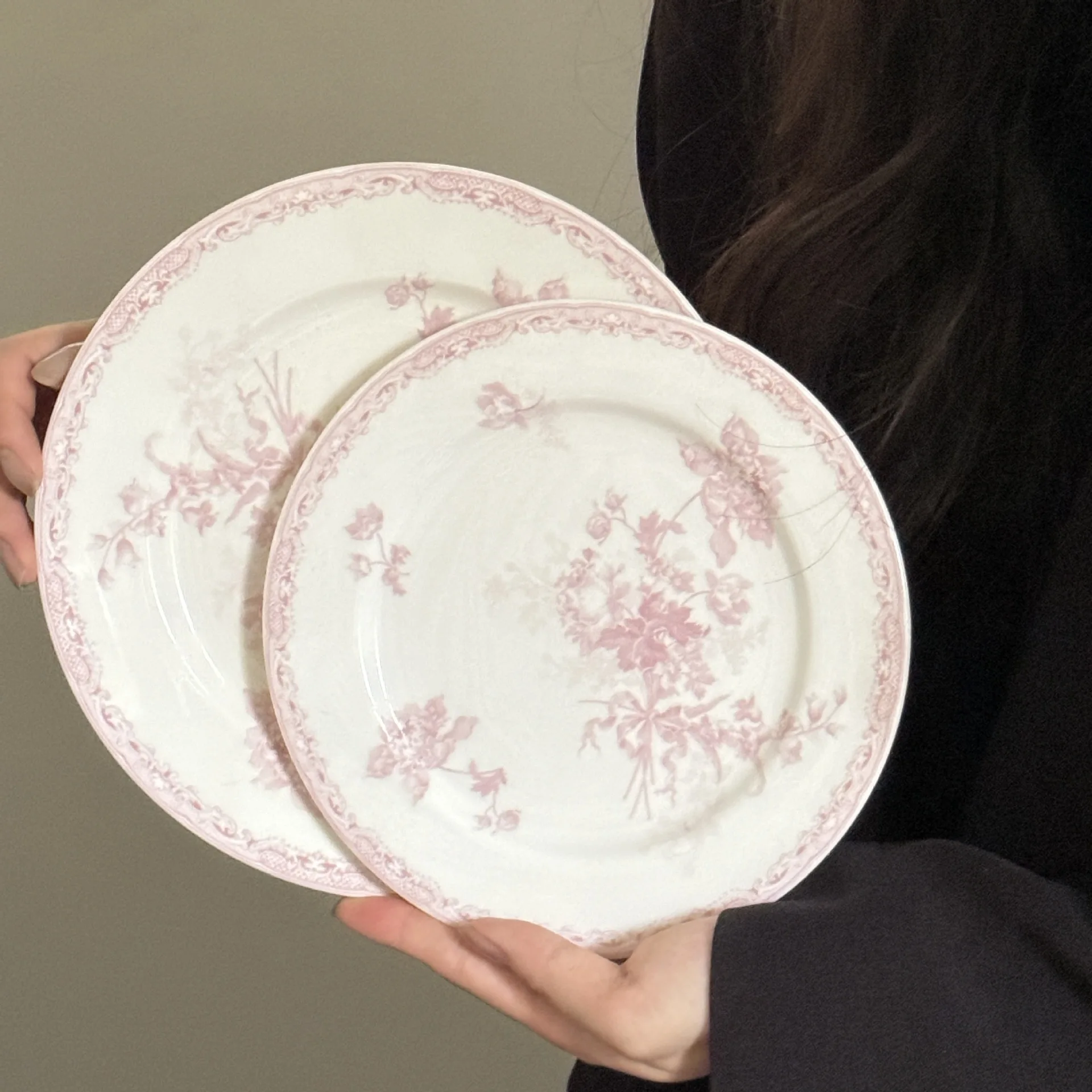 Vintage Flower Printed Ceramic Dinner Plates & Dishes Pink Porcelain Dessert Cake Plates Cups Dinnerware Set for Event