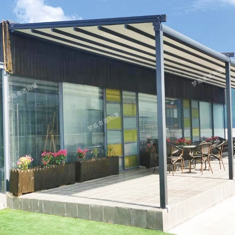 кафе ресторан выдвижной моторизованный навес на крыше Китай беседка дистанционное управление открытый металлический каркас тент