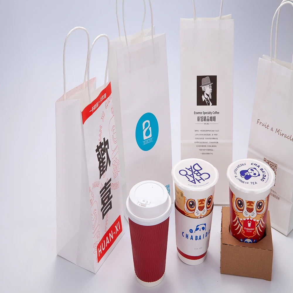 Custom Logo Print Wholesale Bolsa Papel Recyclable Kraft Paper Coffee Hot Drink Take Away Food Bag with Handle