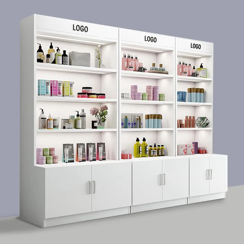 Custom Design New Product Retail Store Cosmetic Showcase Floor Standing Lipstick Metal Shelf Cosmetics Wooden Display Shelf