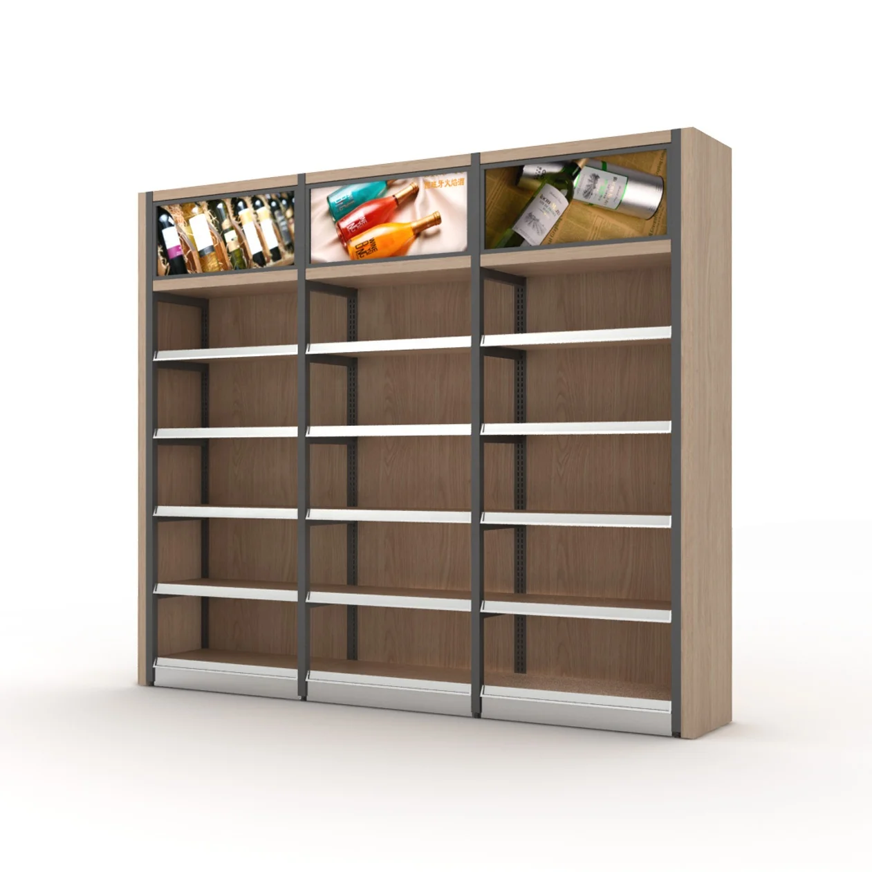 Xinde Customized Supermarket Shelves Steel&Wood Wine Shelves Display Single-sided Beverage Display Rack