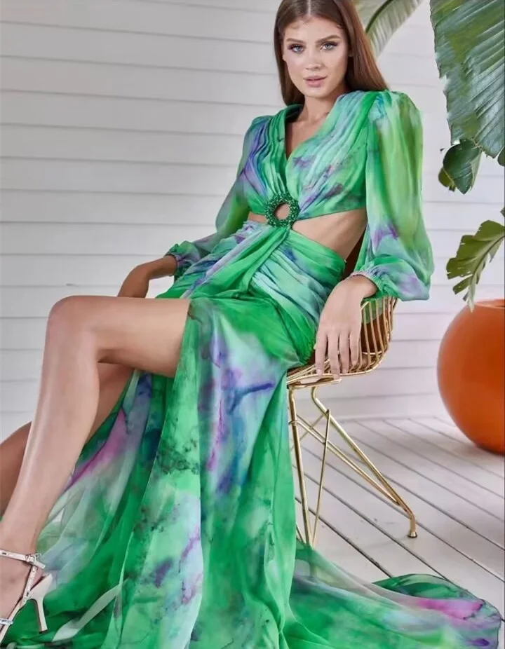 OUDINA High Fashion Hollow Waist Chiffon Printed Pleated Elegant Casual Long-sleeve Party Dress Long Dresses Women