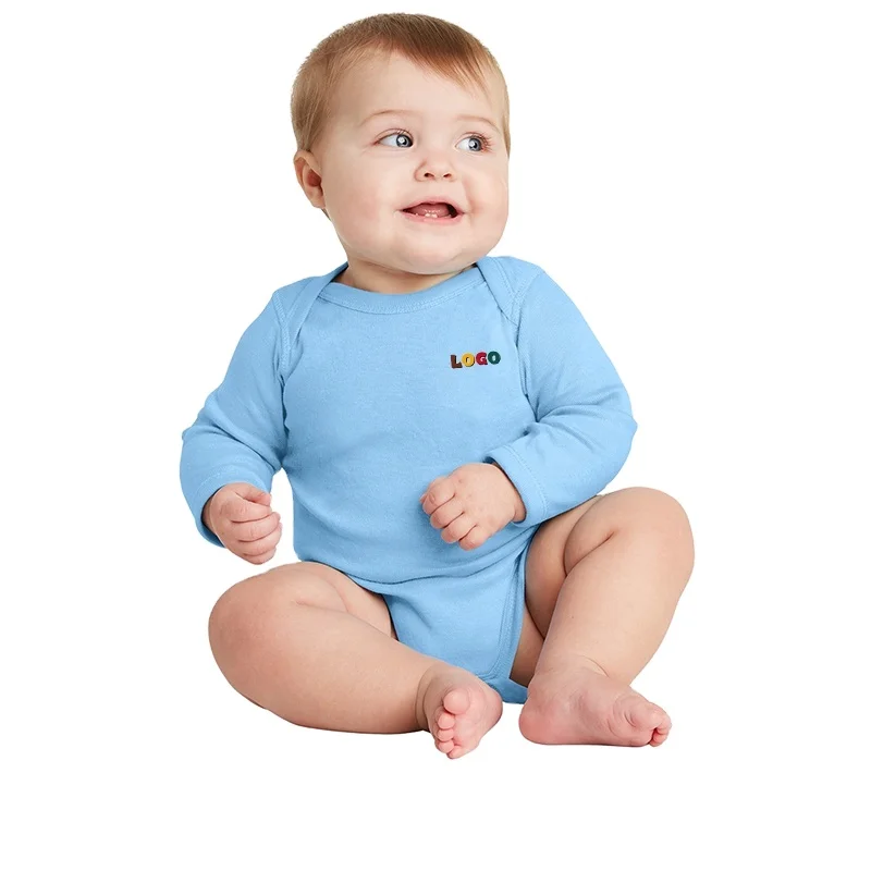 Oem Long Sleeve Infant Baby Snap Button Rompers Wholesale Baby Blue Bodysuits For Toddler Kids