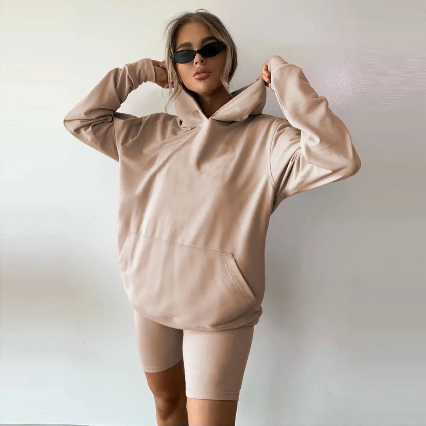 
New fashion casual soild color loose sweater shorts sports set women two piece short set 