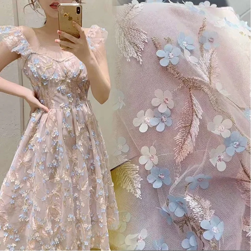 2021 Pink Color French Tulle Mesh Lace Fabric Embroidery 3D Flowers Applique Lace Fabric