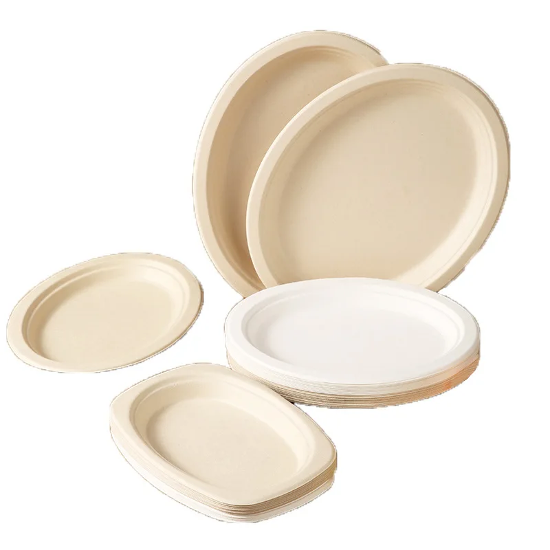 6-10 Inch Classic Disposable Oval Sugarcane Pulp Bagasse Recyclable Plates Environmentally Friendly Biodegradable
