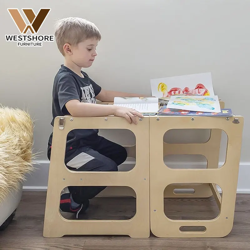 Deluxe Wooden Montessori Learning Tower For Toddlers Convertible 3 In 1 Kitchen Helper Art Desk And Chalkboard