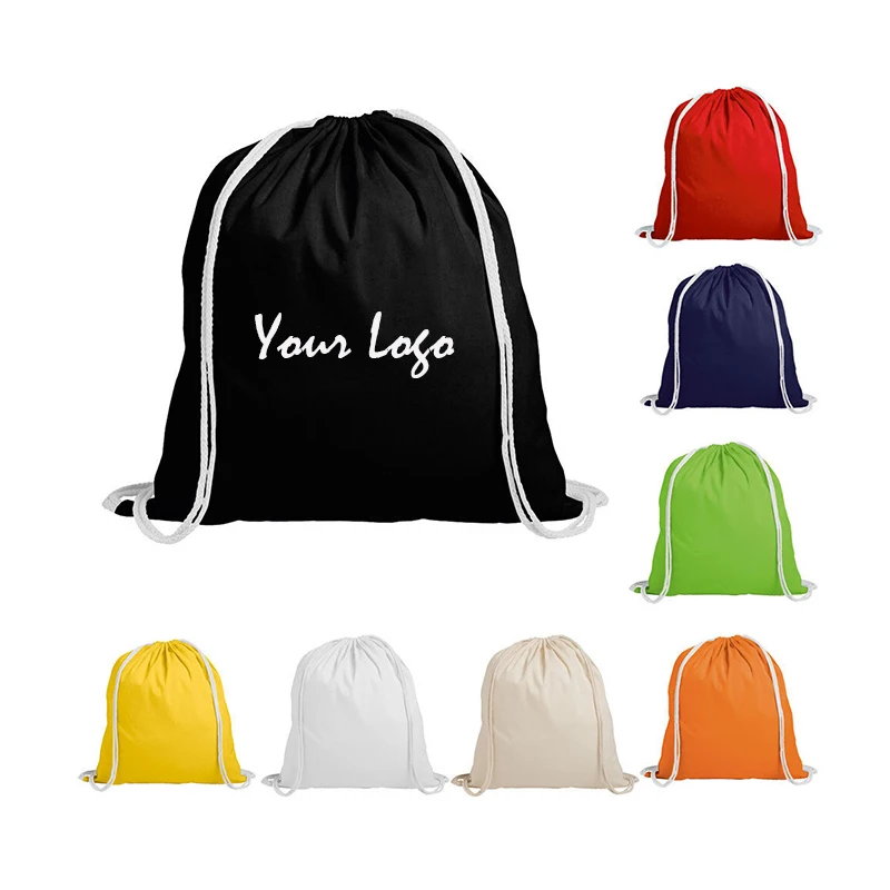 Eco Friendly Recyclable Canvas Packaging Bag Reusable Organic Cotton Drawstring Backpack With Logo Custom