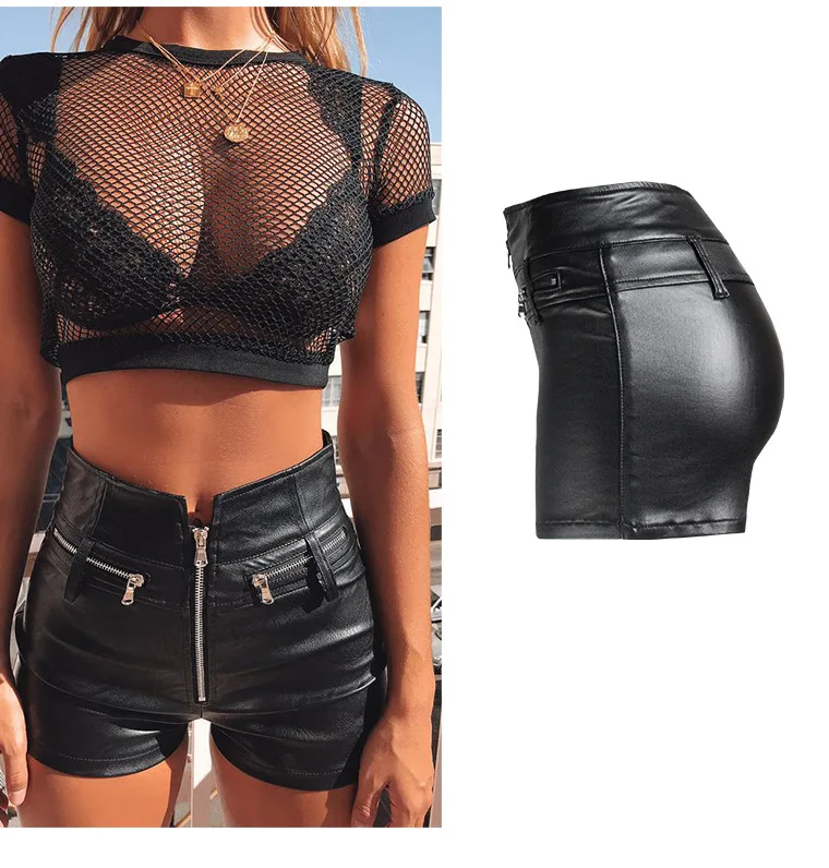 2021 Summer Women Casual Pu Leather Pants Black Shorts High Waist Zipper Booty Shorts