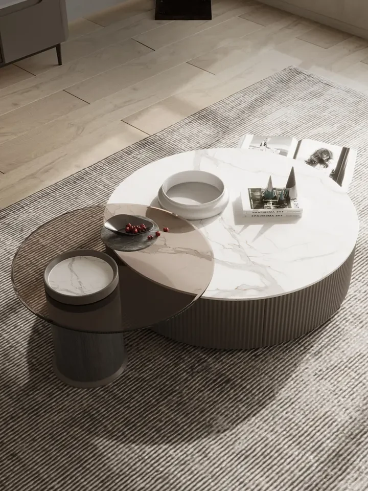 ATUNUS Living room furniture rock plate stainless steel round coffee table light luxury design for large and small families