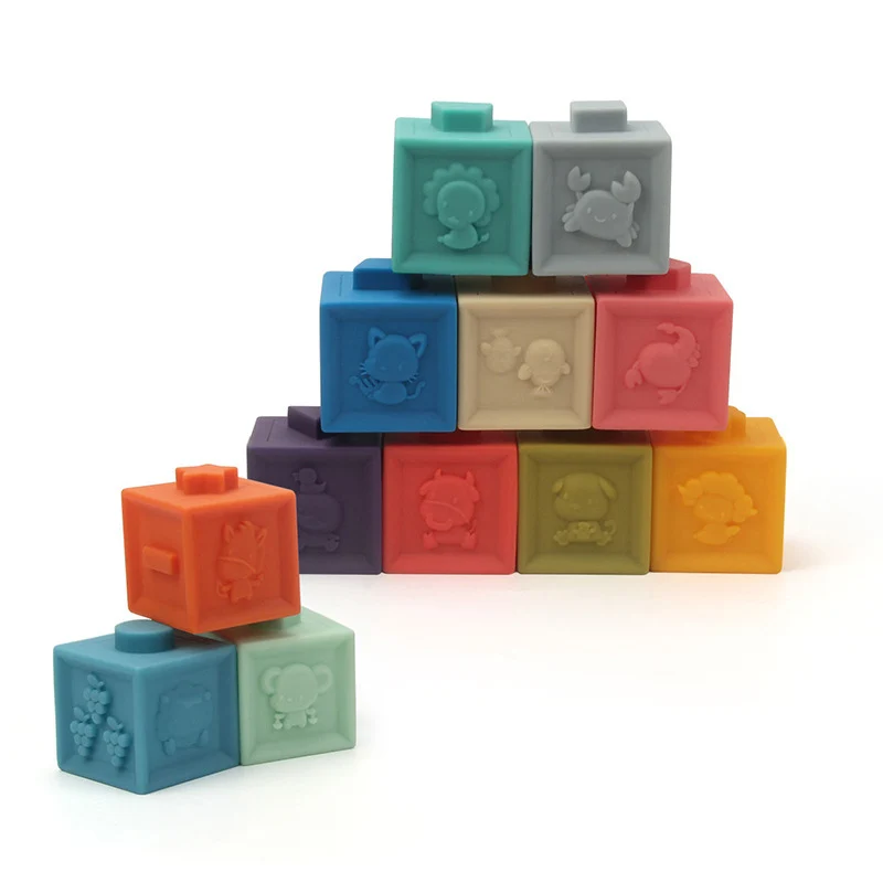 12PCS Baby soft rubber building block 1 year old baby early education educational silicone toy building block model