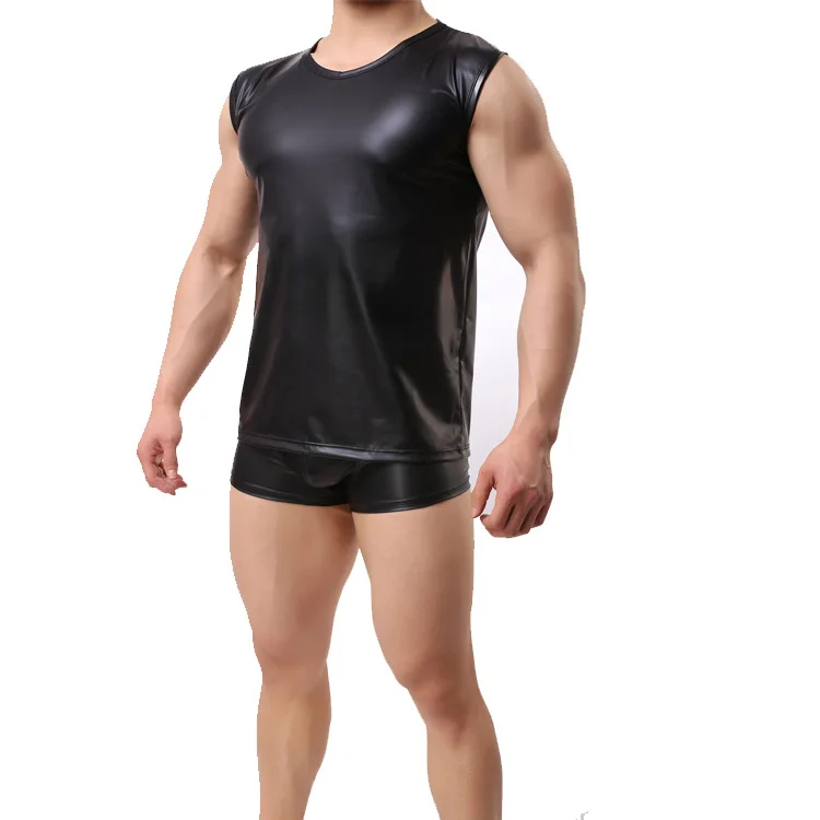 Men Sexy Slim Wear Faux Leather Solid Male Tank Tops Black Vest Underwear