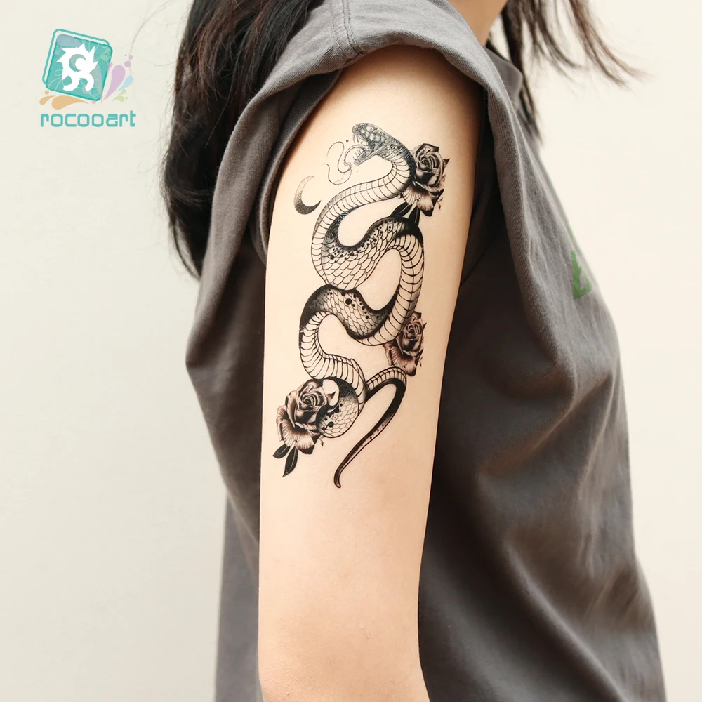 Latest Rocooart Wholesale Men Women Sexy Body Art Black Arm Hands Eagle and Snake Tattoo Sticker Waterproof