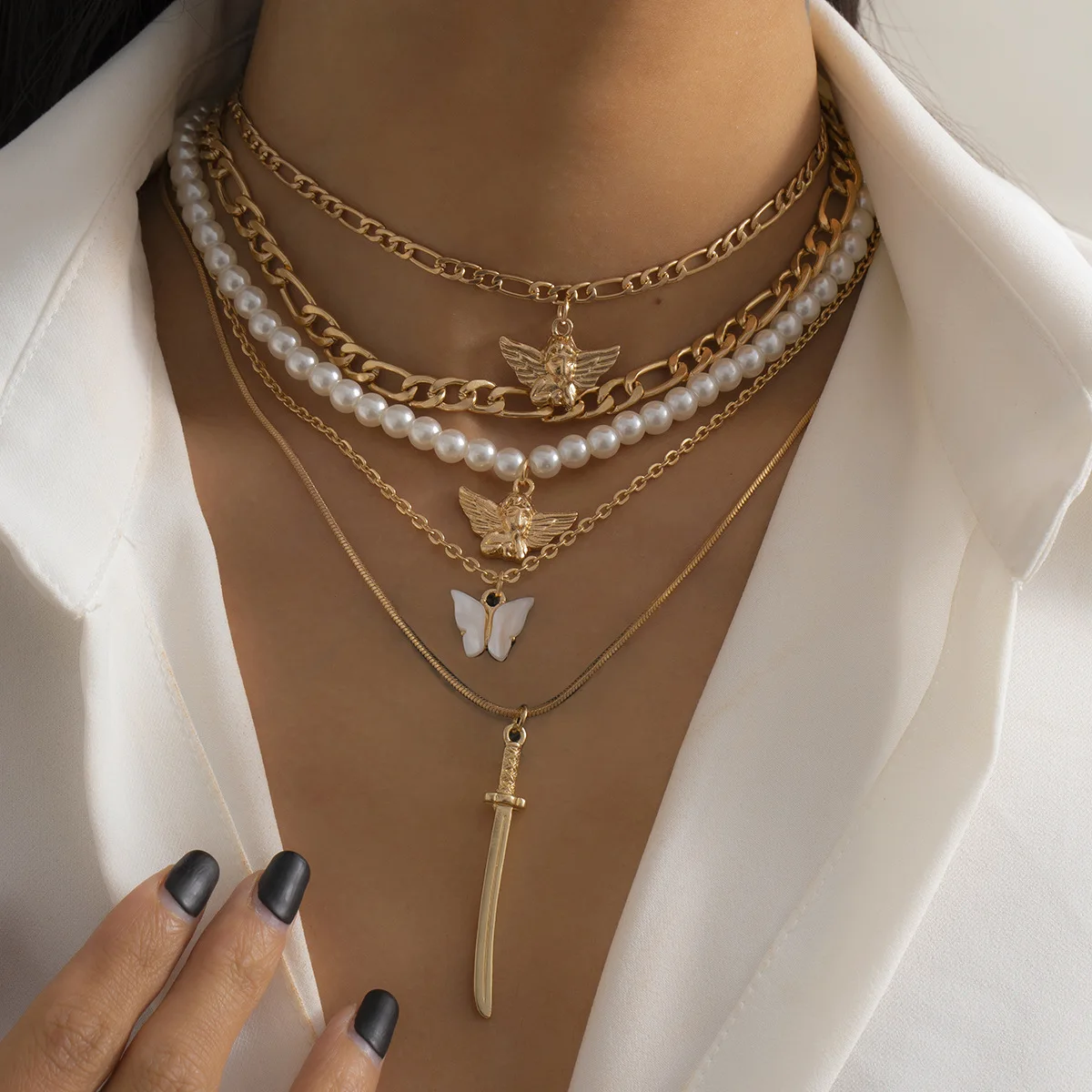 Trendy Layer Necklace Jewelry Angel Butterfly Necklace Set Imitation Pearl Long Sword Pendant Necklace