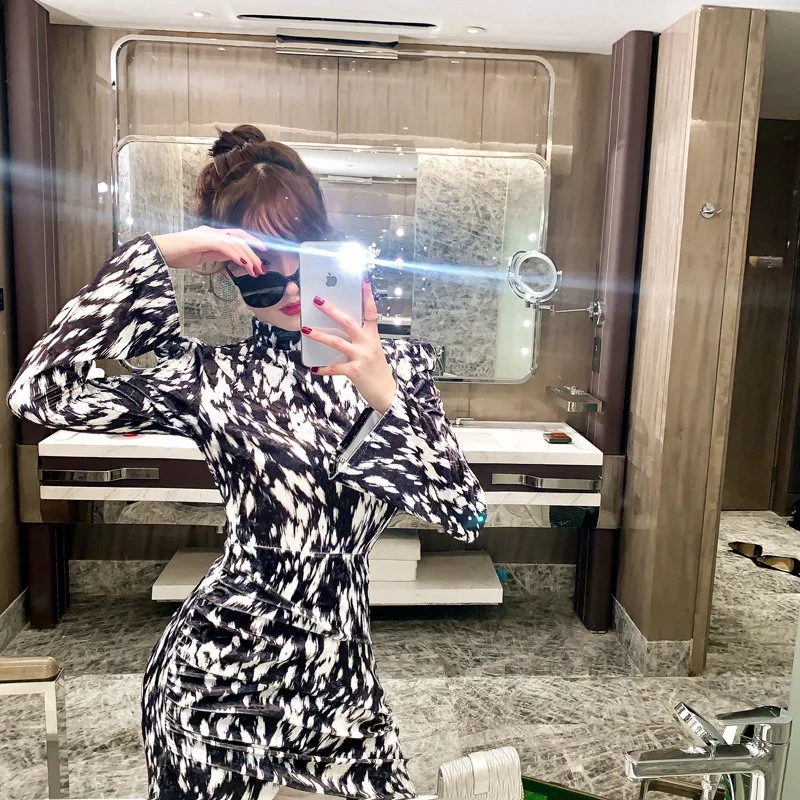 Женское приталенное платье с длинным рукавом, платье с принтом и высоким воротом, с перекрестными краями, новинка весны 2021