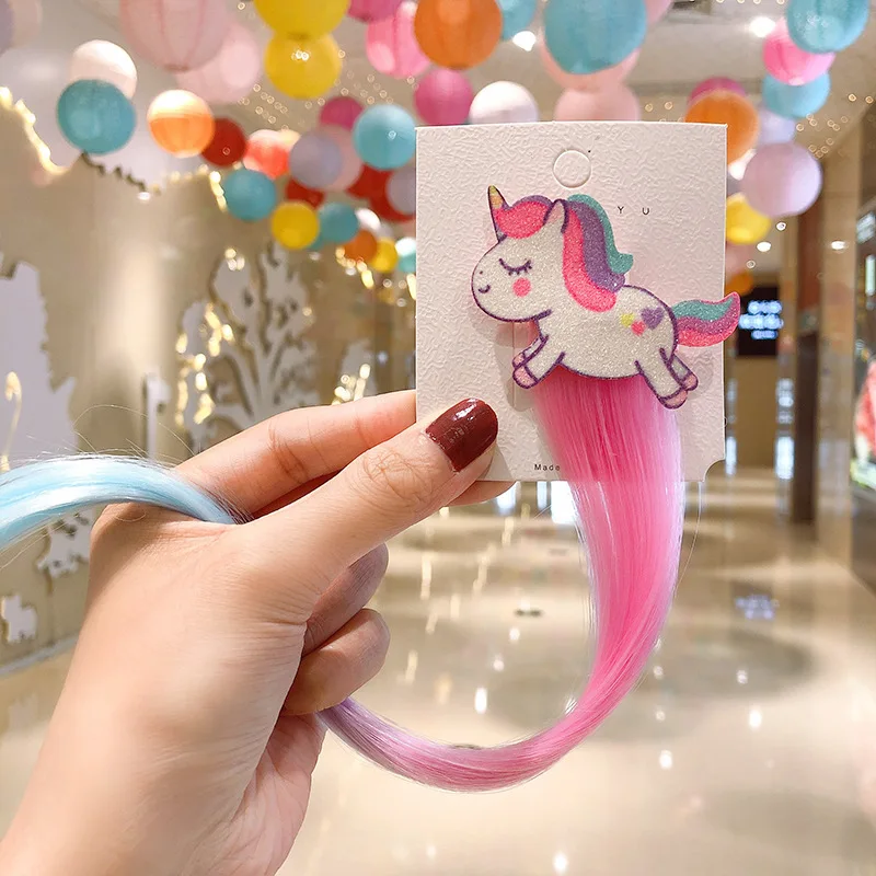 fashion wholesale Rainbow Bowknot Princess Girl Hair accessories kids Pigtail Wig Sequin Unicorn Glitter Hair Clips
