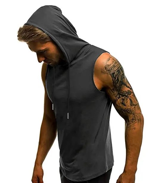 summer mens tank top gym wear with hoodie  printed logo  no sleeve casual plain hoodies tank top
