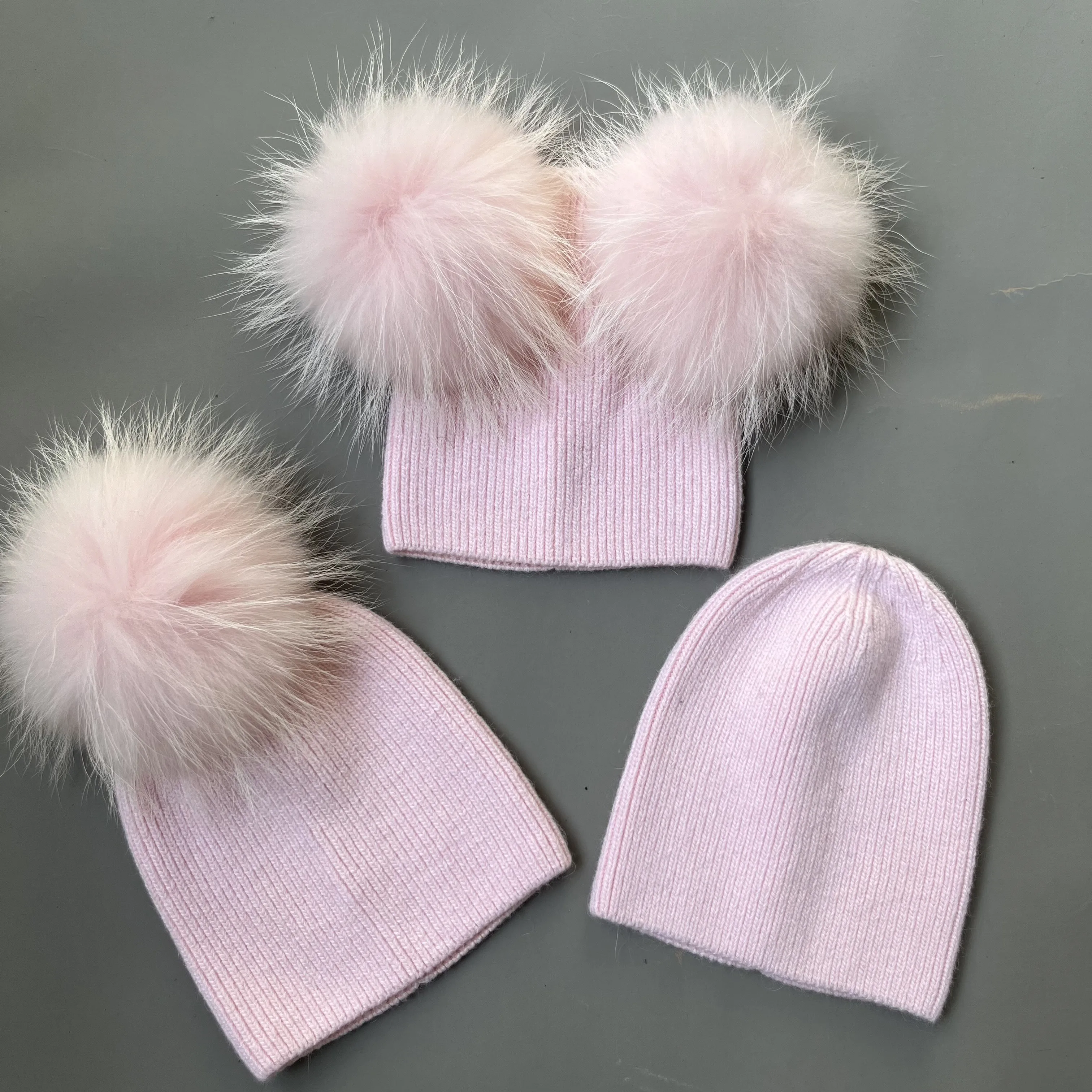 FREE SAMPLE Classical Kids Knitted Beanie Warm Children Hat Real Raccoon Fur Pompom In Winter