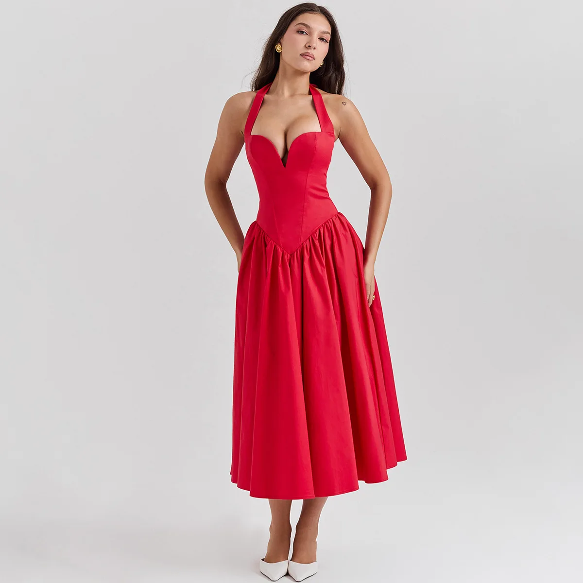 Luxury Summer Women Halter Dress 2024 Red Elegant Fit and Flare Birthday Dress Long Casual Sexy Dress Female Clothing 2958