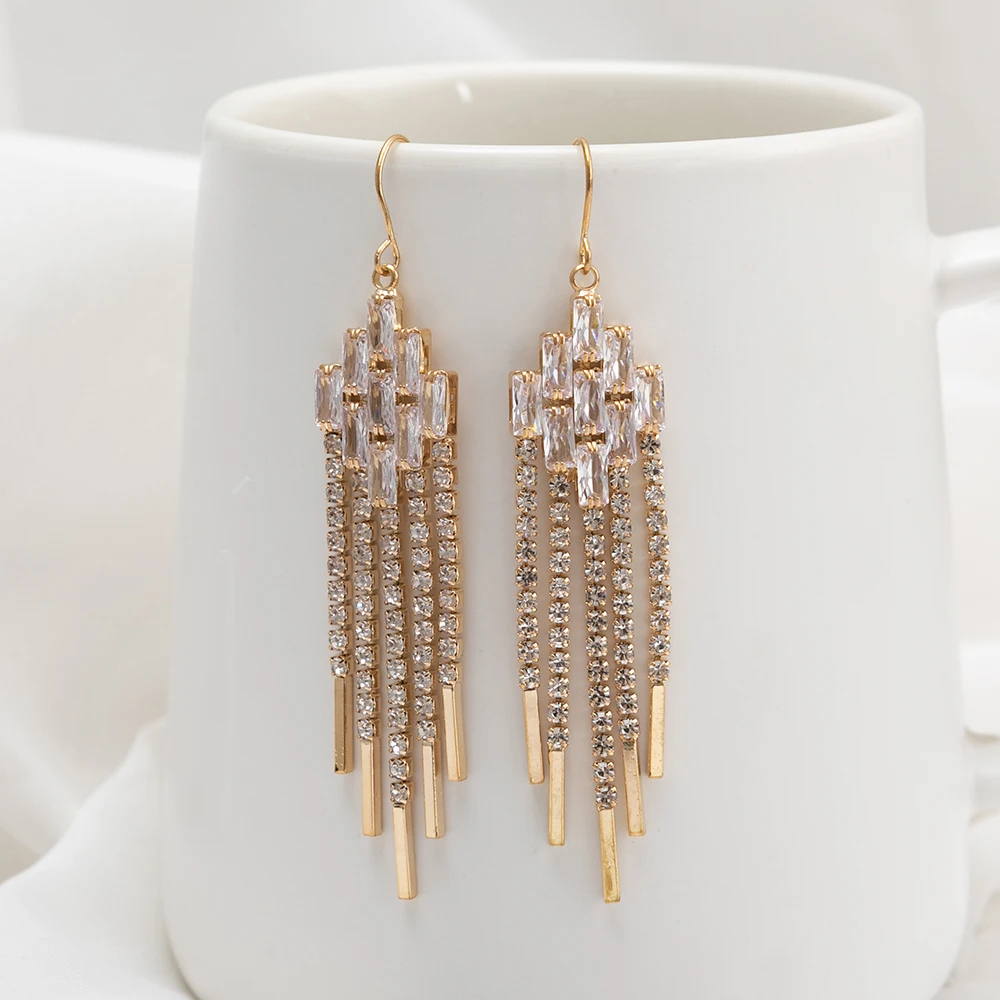 Manufacturer Jewelry Crystal Rhinestone Tassel Fringe Small Gold Elegant Zircon Stone Earrings Gold Plate Women 2022 Trendy