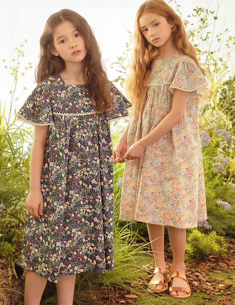 2 To 16 Years, Beach Dress Girls 2022 New Floral Kids Clothes Summer Sister Midi Dress Cotton Fly Sleeve Lace Patchwork,