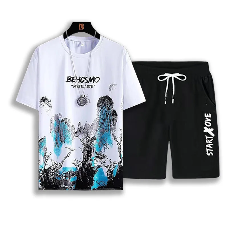 Summer New Fashion Printed T Shirt Shorts Two Piece Slim Fit Mens T-shirt And Shorts Set