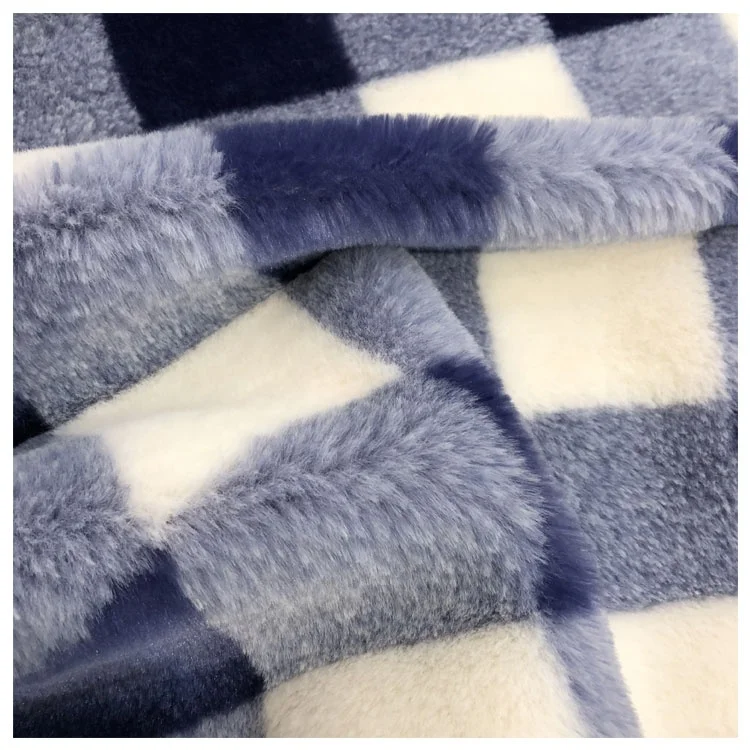  100% polyester printed faux fur fabric plaid fake hair like