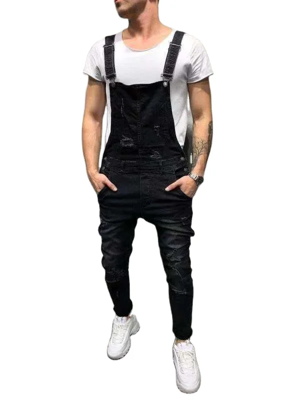 Men Stretch skinny Ripped biker Jeans Bib Overalls Jumpsuits jeans Man Streetwear casual elastic ripped dungarees male Pants
