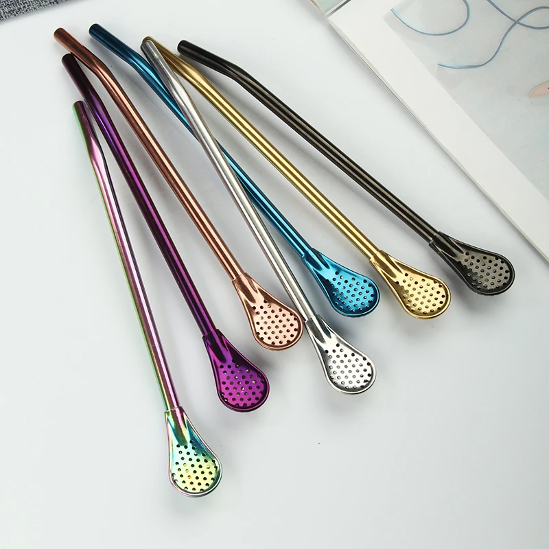 Eco Friendly Bar Tool Colorful Stainless Steel Coffee Drink Strainer Straw Spoon Tea Coffee Filter Stirring Spoon